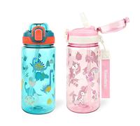 wooshwa Gourde Enfant avec Paille, Anti-Fuite, Étanche, 600 ml Bouteille Enfant sans BPA, Verrouillage Sécurisé, Bouteilles d'eau pour Maternelle l'école Sport, Lot de 2, Dinosaure & Licorne