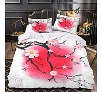 Woowin Housse De Couette 140x200 Fille Garcon 3D Cerisier Rouge Parure de Lit 1 Personne Style Japonais Douce Microfibre Literie 3 pièces avec Fermeture Éclair et 2 Taies d'oreiller 50x75cm