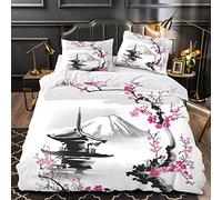 Woowin Parure De Lit 200x200 Pagode Branches Sakura 2 Personnes 3D Motif Style Oriental Housse Couette Douce Microfibre avec Fermeture Éclair Literie 3 Pcs Enfant Garcon Taies d'oreiller 50x75cm