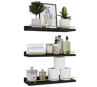 WOPITUES Lot de 3 étagères flottantes avec rail de garde-robe en métal doré pour décoration murale pour chambre à coucher, salle de bain, cuisine, salon, plantes, cadres, art noir et doré