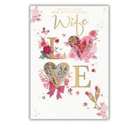 Words n Wishes Beautiful Wife Carte d'anniversaire avec inscription « Happy Birthday » - « Love » - Joli design avec fleurs et champagne - Finition aluminium et relief - pour elle