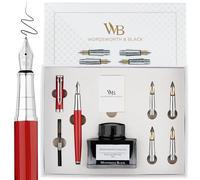 Wordsworth & Black Coffret stylo-plume de luxe, 6 plumes, Rouge | Flacon d'encre, cartouches et convertisseur de recharge, rechargeable, argent, cadeau pour hommes et femmes, journal intime