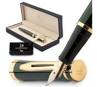 Wordsworth & Black Coffret stylo-plume de luxe, plume courbée, vert | Coffret cadeau, corps en laiton, or 18 carats, calligraphie, convertisseur + 24 cartouches d'encre, rechargeable, anti-fuite