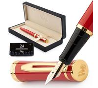 Wordsworth & Black Coffret stylo-plume de luxe, plume large, rouge | Coffret cadeau, corps en laiton, or 18 carats, calligraphie, convertisseur + 24 cartouches d'encre, rechargeable, anti-fuite