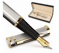 Wordsworth & Black Coffret stylo-plume de luxe, plume moyenne, argent | Coffret cadeau, corps en laiton, or 18 carats, calligraphie, convertisseur + 24 cartouches d'encre, rechargeable, anti-fuite