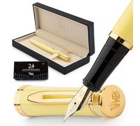 Wordsworth & Black Coffret stylo-plume de luxe, plume moyenne, jaune | Coffret cadeau, corps en laiton, or 18 carats, calligraphie, convertisseur + 24 cartouches d'encre, rechargeable, anti-fuite