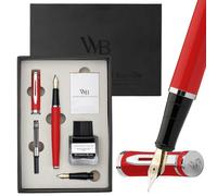 Wordsworth & Black Coffret stylo plume, plume moyenne et extra-fine, rouge | Pour hommes et femmes, corps en laiton, or 18 carats, flacon d'encre + 6 cartouches, convertisseur, écriture et calligraphie