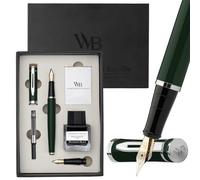 Wordsworth & Black Coffret stylo plume, plume moyenne et extra-fine, vert | Pour hommes et femmes, corps en laiton, or 18 carats, flacon d'encre + 6 cartouches, convertisseur, écriture et calligraphie