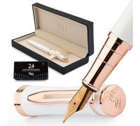 Wordsworth & Black Coffret stylo-plume, plume moyenne, or rose blanc | Coffret cadeau, corps en laiton, or 18 carats, calligraphie, convertisseur + 24 cartouches d'encre, rechargeable, anti-fuite