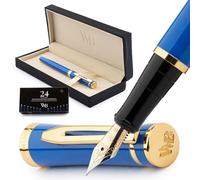 Wordsworth & Black - Ensemble de stylos plume, pointe extra fine, 24 cartouches d'encre, convertisseur de recharge d'encre et coffret cadeau, finition chromée, pour calligraphie, bleu impérial