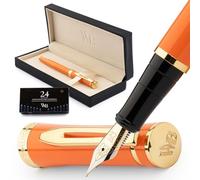 Wordsworth & Black Ensemble stylo plume moyenne en or 18 carats avec 24 cartouches d'encre, convertisseur à piston et boîte cadeau, doré calligraphie, orange