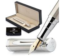 Wordsworth & Black Ensemble Stylo Plume, Plume Fine Dorée 18 Carats, Comprend 24 Cartouches D'encre, Convertisseur De Recharge D'encre Et Coffret Cadeau, Finition Dorée, Calligraphie [Argent Chromé]
