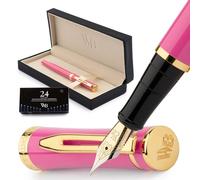 Wordsworth & Black Kit stylo plume, Plume dorée moyenne 18 carats, Comprend 24 cartouches d'encre, Convertisseur de recharge d'encre et coffret cadeau, Finition or, Calligraphie, [Rose vif]