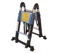 WORHAN Echelle de 5.6m Télescopique Aluminium Anodisé avec 2 Stabilisateurs Télescopiques Modulable Pliable Polyvalente Escabeau Solide 560cm K5.6