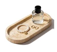 WORHE Plateau en Pierre travertin Naturelle Italienne pour Bijoux, Bougies, Parfum, bibelots, Plateau Ovale en marbre pour Salle de Bain, Commode, Cuisine, comptoir de Rangement pour décoration