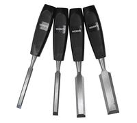 Work It Lot de 4 burins à bois avec lames biseautées en acier de 10, 12, 19, 25 mm - Poignées en plastique durable - Capuchons de protection inclus - Idéal pour la menuiserie, la menuiserie et le