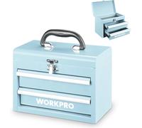 WORKPRO Boîte à outils portable en métal avec 2 tiroirs et espace de rangement supérieur, Bleu clair, 27,5 x 15 x 20,8 cm, Organiseur de table avec tiroirs et poignée pour bureau, vestiaire et poste d