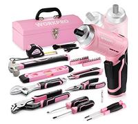 Caisse a Outils Complete Rose 73 Pieces avec Tournevis sans Fil 3,7 V WORKPRO, Boite a Outils Complete avec Boite en Fer Portable, Mallette a Outils pour Reparation Dommestique ou de Travail