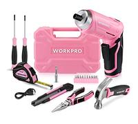 WORKPRO Caisse à Outils Rose 18 Pièces avec Tournevis Electrique 3,7 V, Trousse à Outils avec Boîte de Rangement, Mallette à Outils pour Usage Domestique ou Petits Travaux