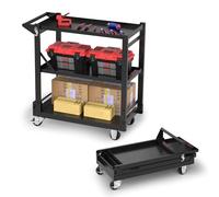 Chariot a Roulettes 3 en 1 WORKPRO, Chariot Servante d'Atelier Pliable avec Poignee Laterale, 3 Niveaux de Rangement, Chariot de Service Mobile pour Garage, Atelier, Cuisine, Bureau, Entrepot, Hotel