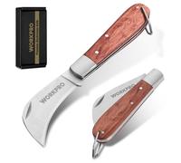 WORKPRO Couteau d'Électricien, Couteau Pliant à Lame Inox Courbée 7,5cm, Couteau Utilitaire à Poignée Ergonomique en Bois, Léger et Compact, Idéal pour Dénudage de Câbles, DIY, Greffage et Bricolage