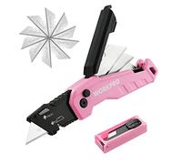 WORKPRO Cutter Professionnel Pliant, Cutter Utilitaire avec Mécanisme de Changement Rapide, 13 Lames SK5 Incluses, Idéal pour Coupe, Rose