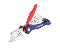 WORKPRO Cutter Professionnel Pliant Utilitaire Mécanisme de Changement Rapide Couteau de Poche avec 5 SK5 Lames Trapèzes Supplémentaires dans Poignée Cutter Moquette Tissu Cuir PVC Carton Papier