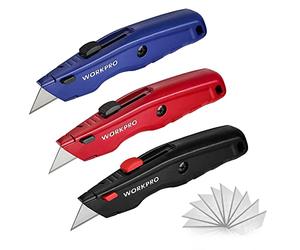 WORKPRO Cutter Universel avec Mécanisme de Changement Rapide | Cutter Professionnel avec 4 Positions Réglables et 10 Lames de Rechange en SK5, Manche en Aluminium Antidérapant