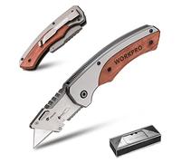 WORKPRO Cutter Utilitaire Pliant avec Manche en Bois, Cutter Professionnel avec Mécanisme de Changement Rapide et 10 Lames Supplémentaires en SK5