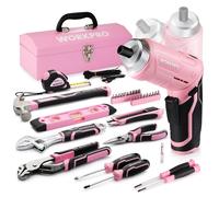 WORKPRO, ensemble d'outils de 73 pièces, rose, avec perceuse sans fil compacte, coffret d'outils en métal rose, idéal pour les réparations domestiques, comprenant un niveau à bulle et une pince multip