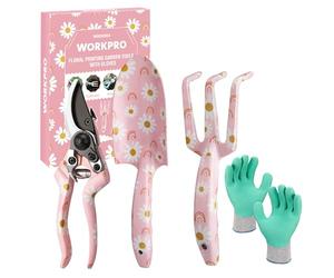 WORKPRO Ensemble d'Outils de Jardinage 4 Pièces en Acier Inoxydable | Avec Gants, Sécateur, Truelle de Jardin et Râteau à Main, Idéal pour la Taille, l'Entretien et comme Cadeau