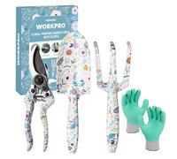WORKPRO Ensemble d'Outils de Jardinage 4 Pièces en Acier Inoxydable | Avec Gants, Sécateur, Truelle et Râteau à Main, Idéal pour la Taille, l'Entretien et Cadeau de Jardinage