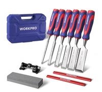 WORKPRO Jeu de 10 Ciseaux à Bois 6/13/19/25/32/38 mm avec Guide d’Affûtage, Pierre à Aiguiser et 2 Crayons, Coffret Ciseaux à Bois avec Manche Ergonomique pour Menuiserie, Sculpture, Travail du Bois