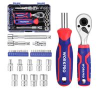 WORKPRO Jeu de 34 pièces 1/4", Jeu de douilles avec liquet, Jeu de clés et barre d'extension pour bricolage, réparation de voiture et entretien quotidien avec boîte à outils