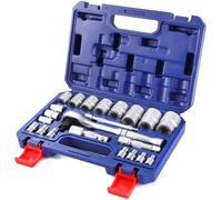 WORKPRO Jeu de douilles 22 pièces 3-en-1, finition mate, avec poignée à cliquet, mallette en plastique bleue (1/4", 3/8", 1/2")