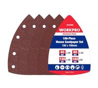 WORKPRO Lot de 100 feuilles de ponçage triangulaires Velcro delta, 105 x 152 mm, grains 40/80/120/180 pour ponçage bois.