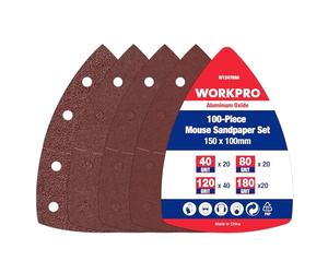 WORKPRO Lot de 100 Pièces Feuilles Abrasives Triangulaires pour Ponceuse, Grains 40-80-120-180, Papier Abrasif 90x90mm avec 11 Trous pour Poncer, Polissage, Dérouillage, Triangles de Ponçage
