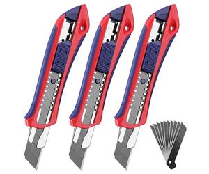 WORKPRO Lot de 3 Cutters Professionnels Cutter Utilitaire Rétractable 18mm | Positions de Verrouillage, Cuter Rétractable, 10 Lames de Rechange Comprises, Idéal pour Papier, Carton, Trois Couleurs