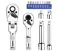 WORKPRO Mini liquet et Jeu d'Embouts de Tournevis, 1/4 liquet à Double Tête, 3/8" Cliquet Court à Tête Flexible, Rallonge 75 mm, Adaptateurs de Douille (16 Pièce)