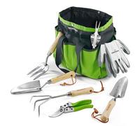 WORKPRO Outils de Jardinage, 8 Pièces, Ensemble de Jardinage en Acier Inoxydable Lourd avec Poignée de Bois, Sécateur, Gants, Sarcloir, Griffe, Fourche, Pelle à Terreau, Transplantoire pour Jardinier