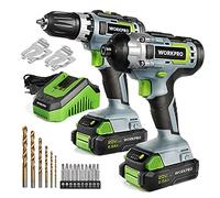 Perceuses Combi WORKPRO 20V avec 2 Batteries 2,0Ah, Perceuse Visseuse sans Fil a Double Vitesse avec 18+1 Couple, et Visseuse a Choc 130Nm, Charge Rapide en 1H, 16 Accessoires Compris