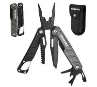 WORKPRO Pince Multifonction en Acier Inoxydable 11 en 1 avec Mousqueton, Couteau Multifonction avec Etui Pince Scie Tournevis Ouvre-Boîte pour Camping Randonnée (Vert Foncé et Noir)