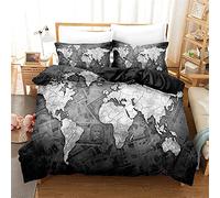 World Map Duvet Cover 3D Ensemble de Literie en Microfibre pour Hommes Noir Gris Bleu Carte du Monde Floral Abstrait Parure de Lit Housse de Couette et Taie d'oreiller (Gris, 220 x 240 cm)