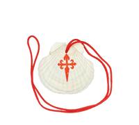 World of Pilgrims Chemin de Saint-Jacques Petite coquille Saint-Jacques - Signe traditionnel de pèlerinage avec croix de Saint-Jacques rouges - Produit naturel avec cordon de sac à dos - Environ 7 cm