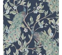 World of Wallpaper Keeka Papier peint moderne sur le thème des oiseaux paon, reflets métalliques pour le salon et la chambre à coucher - Bleu marine 946100