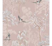 World of Wallpaper Papier peint asiatique inspiré du jardin japonais pour salon et chambre à coucher, cerisiers en fleurs et oiseaux orientaux, rose pâle E100335AH
