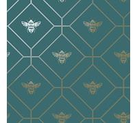 World of Wallpaper Papier peint Honeycomb Bee Teal 50400 - Teal/Or - or métallisé