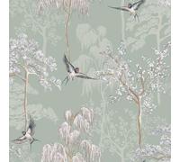 World of Wallpaper Papier peint inspiré du jardin japonais sur le thème de l'Asie orientale pour le salon et la chambre à coucher, cerisiers en fleurs et oiseaux orientaux - Vert sauge 946102