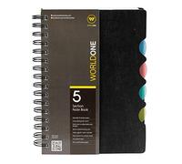 WORLDONE Cahier à spirale 5 sections avec 70 g/m² ligné horizontal 300 pages, feuille de contacts, 4 séparateurs multicolores repositionnables, noir format A5