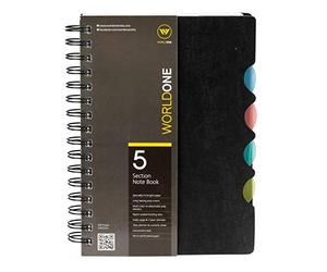 WORLDONE Cahier à spirale 5 sections avec 70 g/m² ligné horizontal 300 pages, feuille de contacts, 4 séparateurs multicolores repositionnables, noir format A5